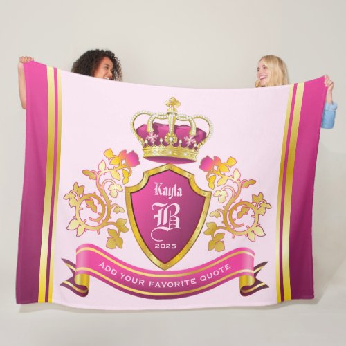 Make Your Own Coat of Arms Gold Crown Pearls Pink Fleece Blanket