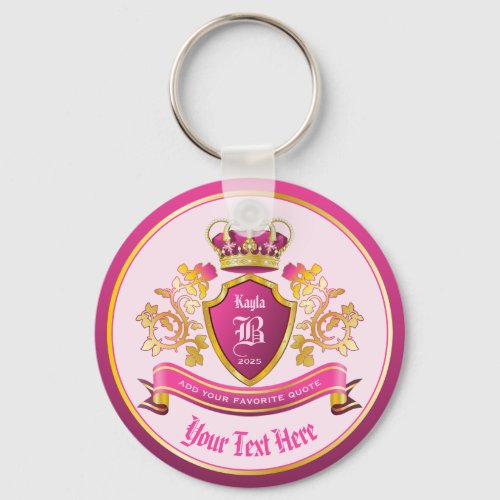 Make Your Own Coat of Arms Gold Crown Pearls Pink Keychain