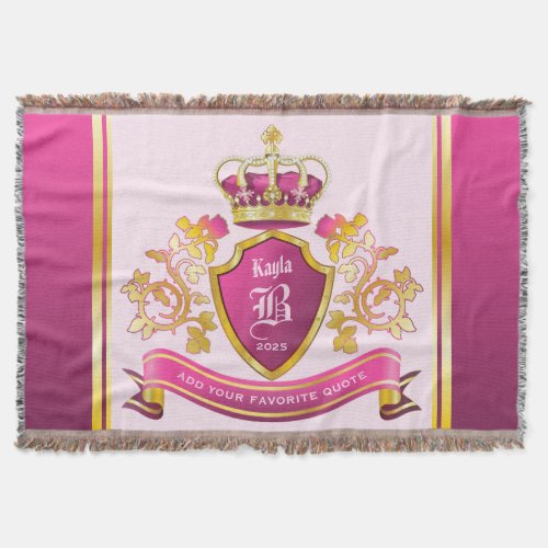 Make Your Own Coat of Arms Gold Crown Pearls Pink Throw Blanket
