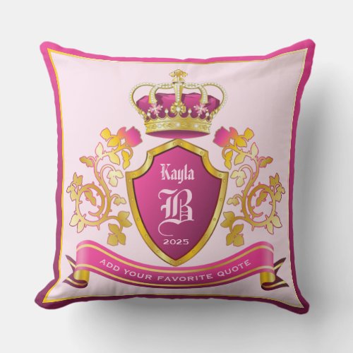 Make Your Own Coat of Arms Gold Crown Pearls Pink Throw Pillow