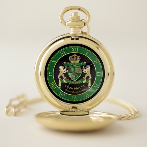Make Your Own Coat of Arms Green Gold Bear Emblem Pocket Watch