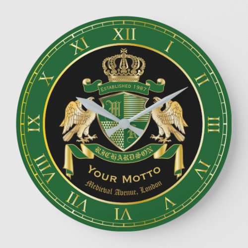 Make Your Own Coat of Arms Green Gold Eagle Emblem Large Clock