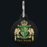Make Your Own Coat of Arms Green Gold Eagle Emblem Pet ID Tag<br><div class="desc">Create your very own aristocratic Coat of Arms, Emblem, Insignia or Family Crest with this beautiful, classic escutcheon or shield design. Dark green patterns decorate a shield topped with a golden crown and flanked by medieval heraldic eagles. A matching top banner holds your custom wedding date / birth date /...</div>