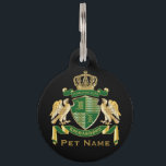 Make Your Own Coat of Arms Green Gold Eagle Emblem Pet ID Tag<br><div class="desc">Create your very own aristocratic Coat of Arms, Emblem, Insignia or Family Crest with this beautiful, classic escutcheon or shield design. Dark green patterns decorate a shield topped with a golden crown and flanked by medieval heraldic eagles. A matching top banner holds your custom wedding date / birth date /...</div>