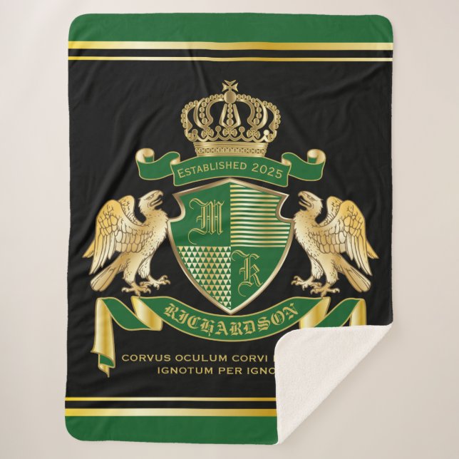 Make Your Own Coat of Arms Green Gold Eagle Emblem Sherpa Blanket (Front)