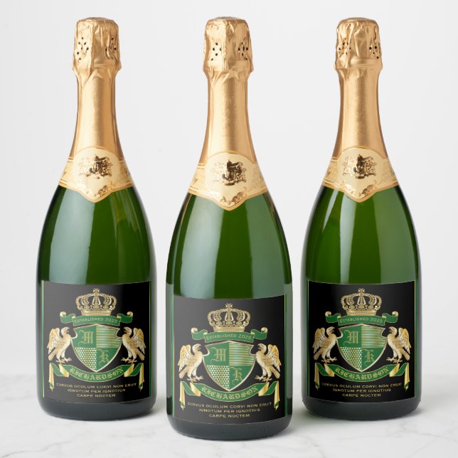 Make Your Own Coat of Arms Green Gold Eagle Emblem Sparkling Wine Label (Bottles)