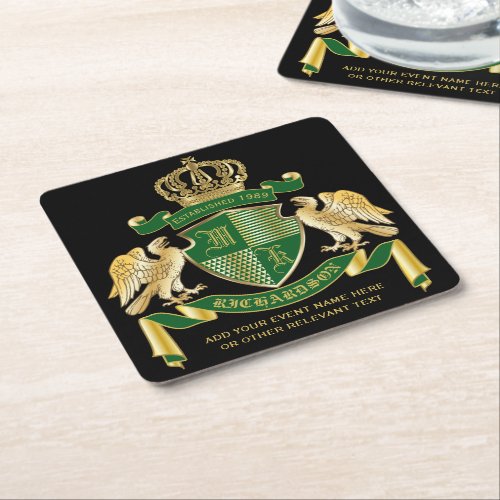 Make Your Own Coat of Arms Green Gold Eagle Emblem Square Paper Coaster