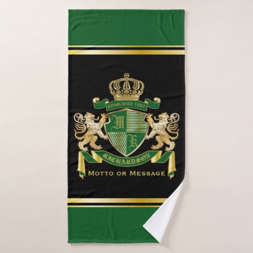 Make Your Own Coat of Arms Green Gold Lion Emblem Bath Towel