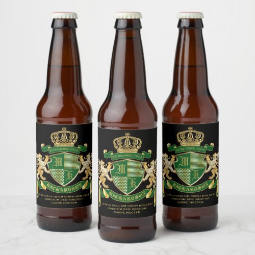 Make Your Own Coat of Arms Green Gold Lion Emblem Beer Bottle Label
