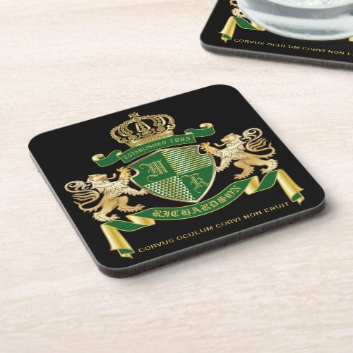 Make Your Own Coat of Arms Green Gold Lion Emblem Beverage Coaster