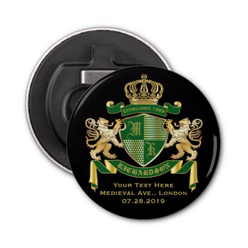 Make Your Own Coat of Arms Green Gold Lion Emblem Bottle Opener
