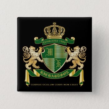 Make Your Own Coat Of Arms Green Gold Lion Emblem Button by BCVintageLove at Zazzle