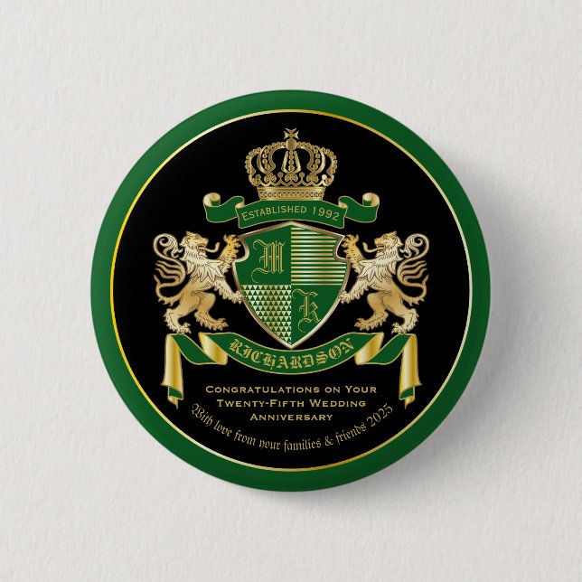 Make Your Own Coat of Arms Green Gold Lion Emblem Button (Front)