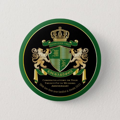 Make Your Own Coat of Arms Green Gold Lion Emblem Button