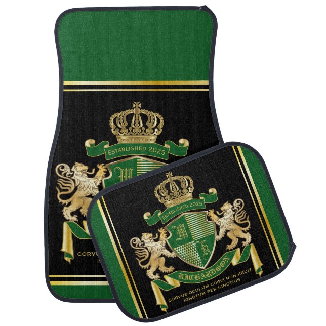 Make Your Own Coat of Arms Green Gold Lion Emblem Car Floor Mat (Set)