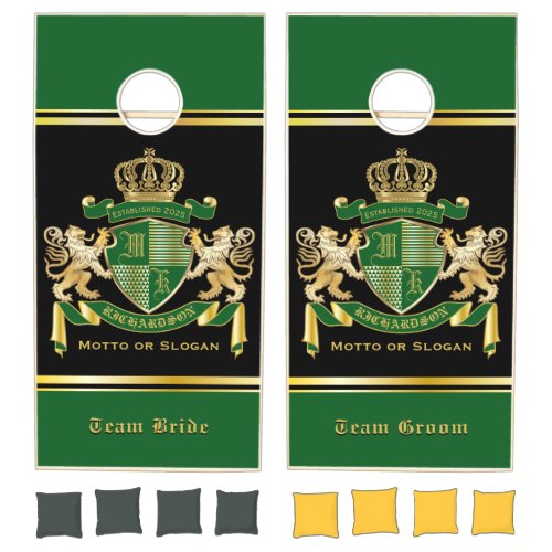 Make Your Own Coat of Arms Green Gold Lion Emblem Cornhole Set