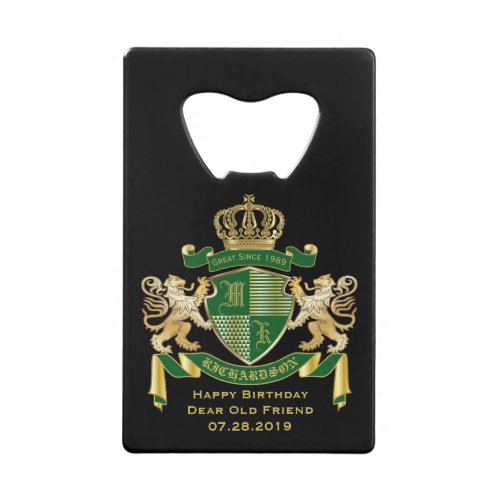 Make Your Own Coat of Arms Green Gold Lion Emblem Credit Card Bottle Opener