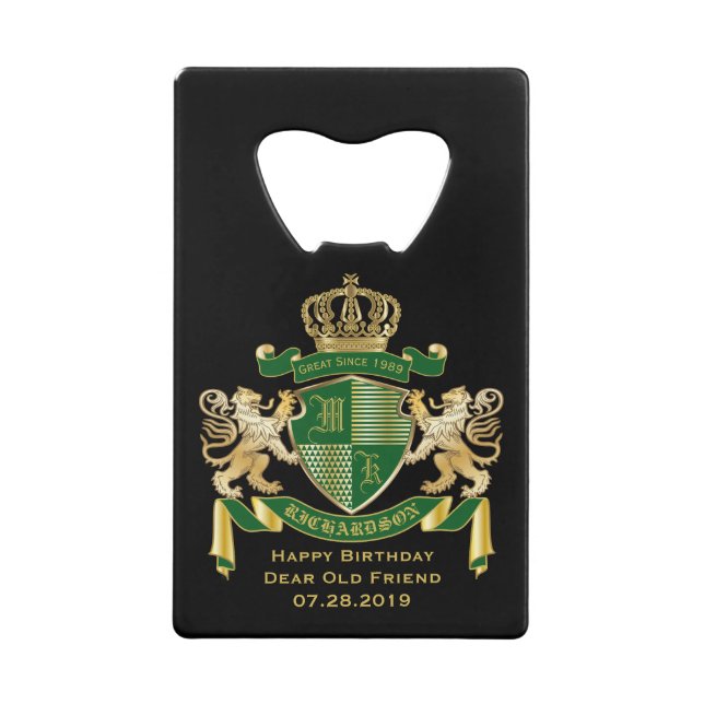 Make Your Own Coat of Arms Green Gold Lion Emblem Credit Card Bottle Opener (Front)