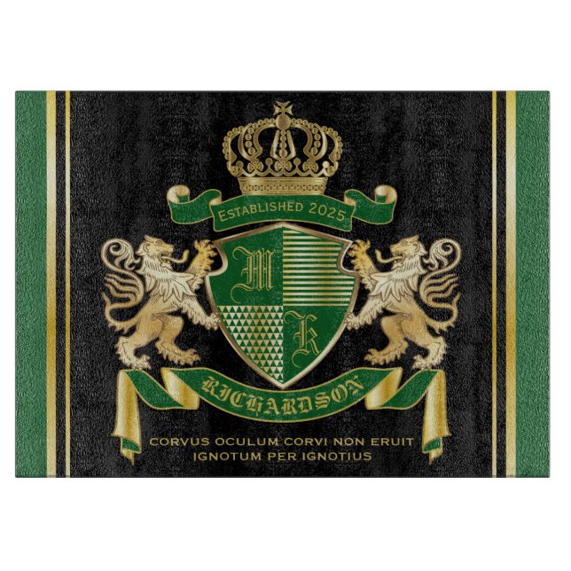 Make Your Own Coat of Arms Green Gold Lion Emblem Cutting Board (Front)