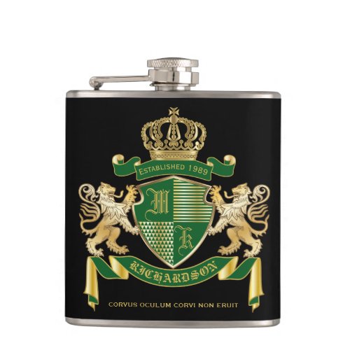 Make Your Own Coat of Arms Green Gold Lion Emblem Flask
