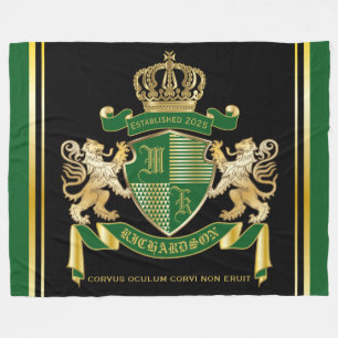 Make Your Own Coat of Arms Green Gold Lion Emblem Fleece Blanket
