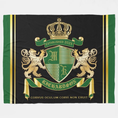 Make Your Own Coat of Arms Green Gold Lion Emblem Fleece Blanket