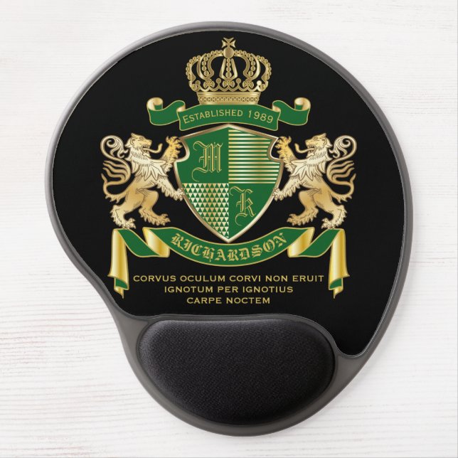 Make Your Own Coat of Arms Green Gold Lion Emblem Gel Mouse Pad (Front)