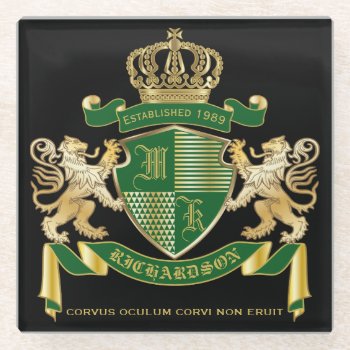 Make Your Own Coat Of Arms Green Gold Lion Emblem Glass Coaster by BCVintageLove at Zazzle