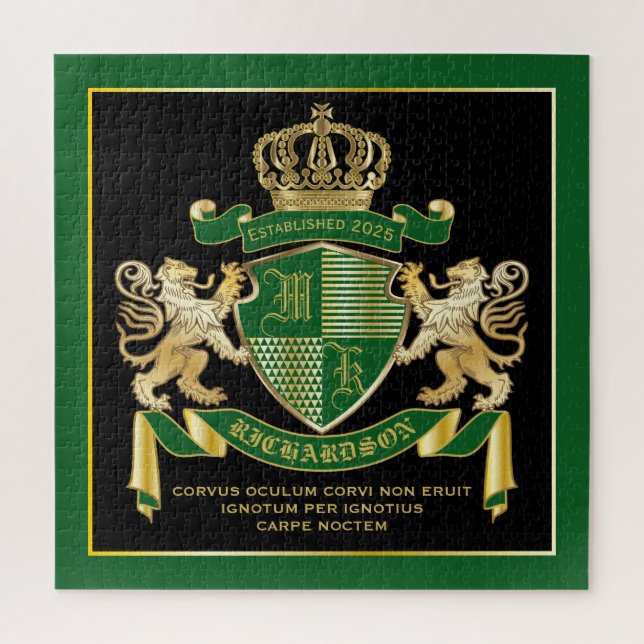 Make Your Own Coat of Arms Green Gold Lion Emblem Jigsaw Puzzle (Vertical)