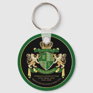 Make Your Own Coat of Arms Green Gold Lion Emblem Keychain