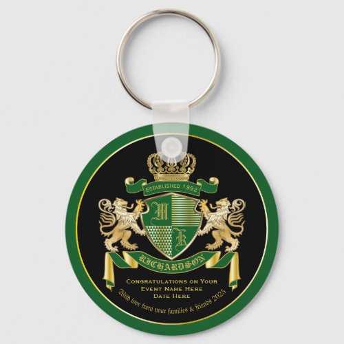 Make Your Own Coat of Arms Green Gold Lion Emblem Keychain