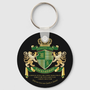 Make Your Own Coat of Arms Green Gold Lion Emblem Keychain