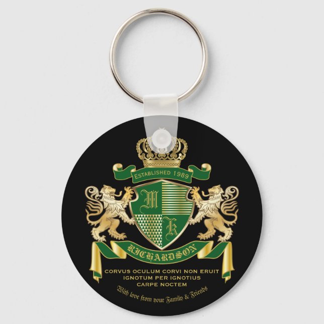 Make Your Own Coat of Arms Green Gold Lion Emblem Keychain (Front)