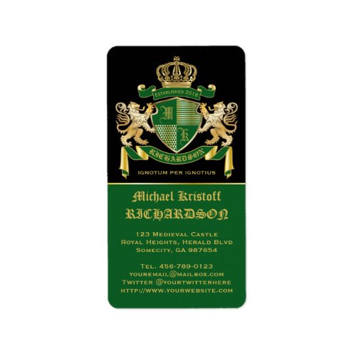 Make Your Own Coat of Arms Green Gold Lion Emblem Label