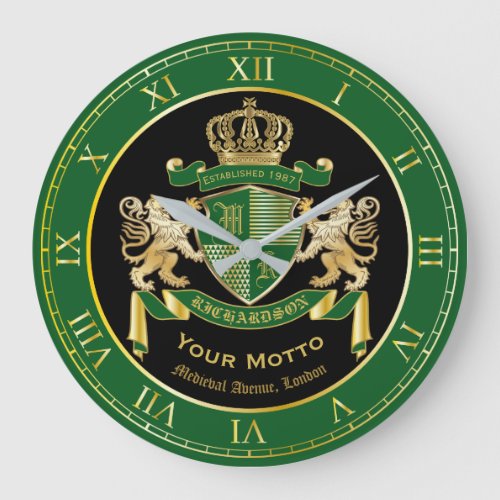 Make Your Own Coat of Arms Green Gold Lion Emblem Large Clock