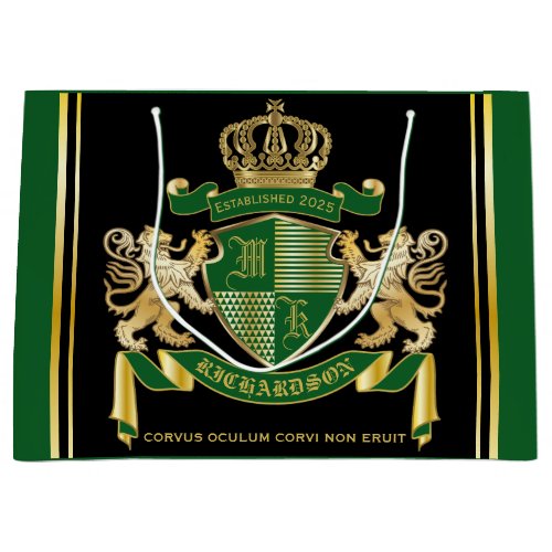 Make Your Own Coat of Arms Green Gold Lion Emblem Large Gift Bag
