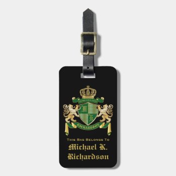 Make Your Own Coat Of Arms Green Gold Lion Emblem Luggage Tag by BCVintageLove at Zazzle