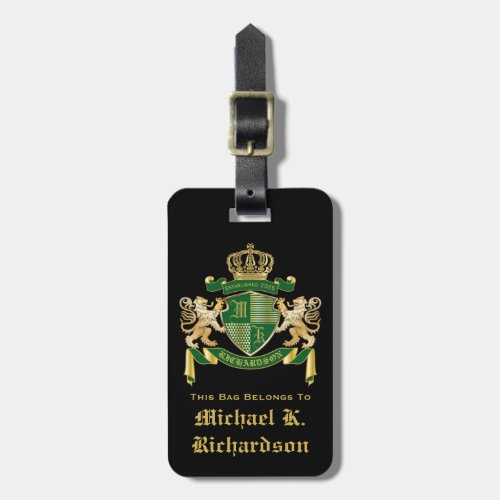 Make Your Own Coat of Arms Green Gold Lion Emblem Luggage Tag
