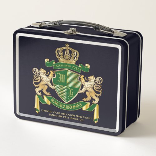 Make Your Own Coat of Arms Green Gold Lion Emblem Metal Lunch Box