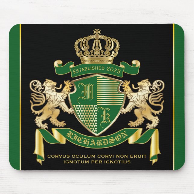 Make Your Own Coat of Arms Green Gold Lion Emblem Mouse Pad (Front)