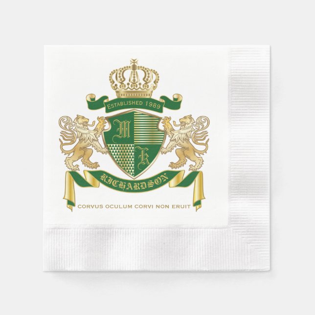Make Your Own Coat of Arms Green Gold Lion Emblem Napkins (Front)