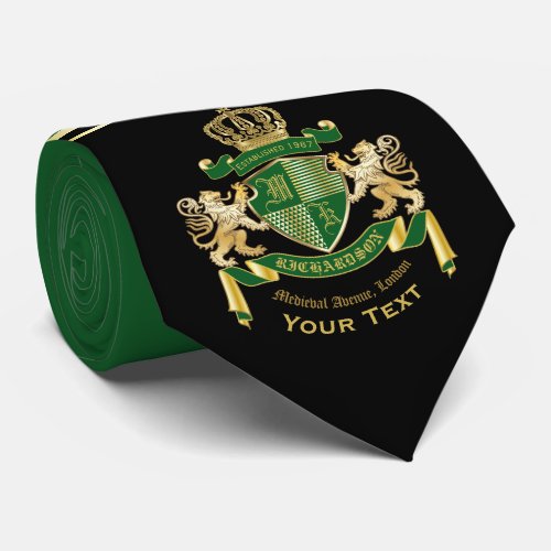 Make Your Own Coat of Arms Green Gold Lion Emblem Neck Tie