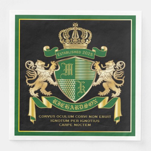 Make Your Own Coat of Arms Green Gold Lion Emblem Paper Dinner Napkins