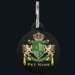 Make Your Own Coat of Arms Green Gold Lion Emblem Pet ID Tag<br><div class="desc">Create your very own aristocratic Coat of Arms, Emblem, Insignia or Family Crest with this beautiful, classic escutcheon or shield design. Dark green patterns decorate a shield topped with golden crown and flanked by medieval heraldic lion or griffin. A matching top banner holds your custom wedding date / birth date...</div>