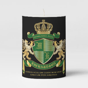 Make Your Own Coat of Arms Green Gold Lion Emblem Pillar Candle