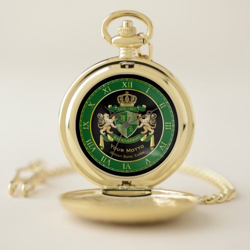 Make Your Own Coat of Arms Green Gold Lion Emblem Pocket Watch