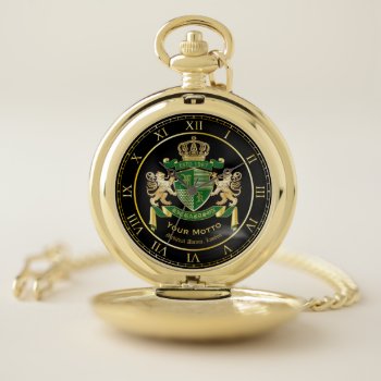 Make Your Own Coat Of Arms Green Gold Lion Emblem Pocket Watch by BCVintageLove at Zazzle
