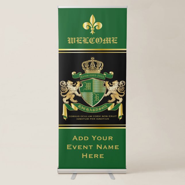 Make Your Own Coat of Arms Green Gold Lion Emblem Retractable Banner (Front)