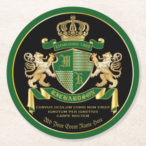 Make Your Own Coat of Arms Green Gold Lion Emblem Round Paper Coaster