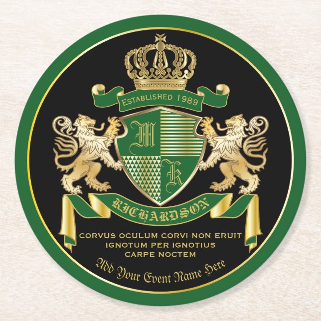 Make Your Own Coat of Arms Green Gold Lion Emblem Round Paper Coaster (Front)